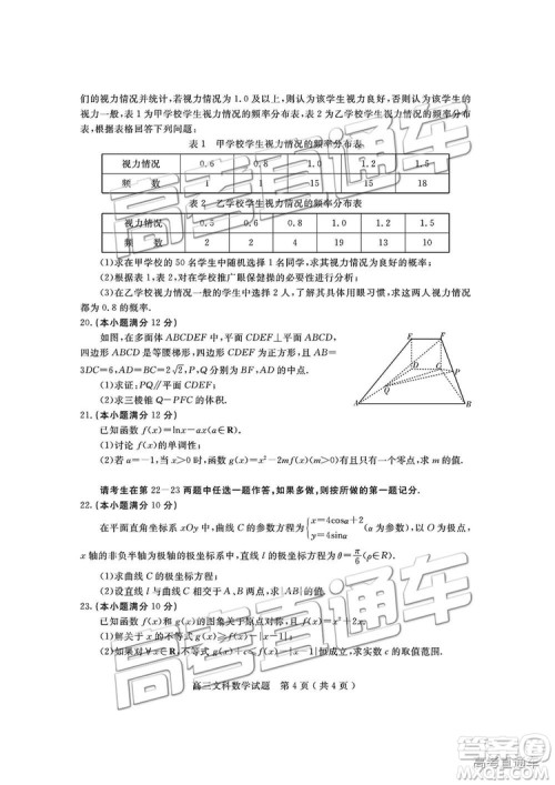 2019届四川省乐山市高中第一次调查研究考试文数试题及参考答案