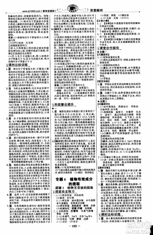 2018年世纪金榜课时讲练通人教版生物选修1生物技术实践参考答案