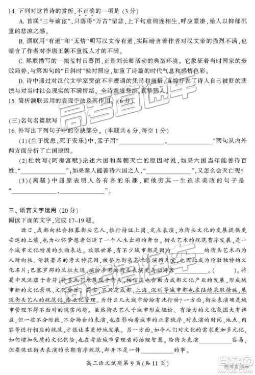 湖南省郴州市2019届高三第一次质量检测语文试题及参考答案