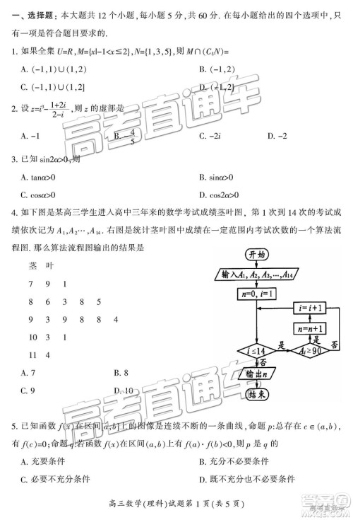 2019届湖南省郴州市高三第一次质量检测理数试题及参考答案