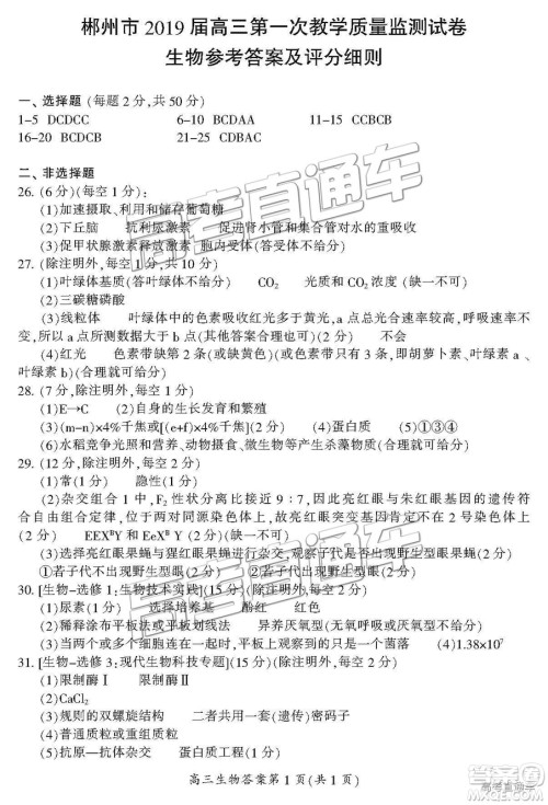 2019届湖南省郴州市高三第一次质量检测理综试题及参考答案 2019届湖南省郴州市高三第一次质量检测理综试题及参考答案