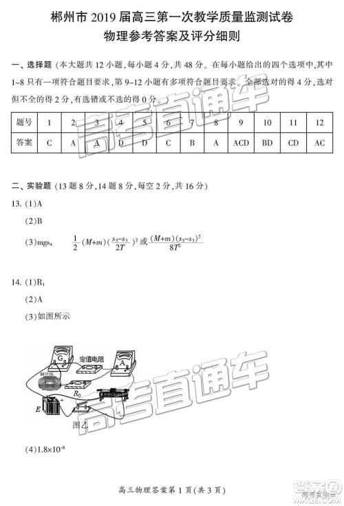 2019届湖南省郴州市高三第一次质量检测理综试题及参考答案