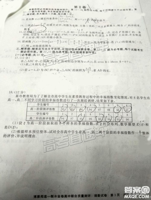 博雅闻道衡水金卷2018-2019年度高三第三次联合质量测评理数试卷及答案