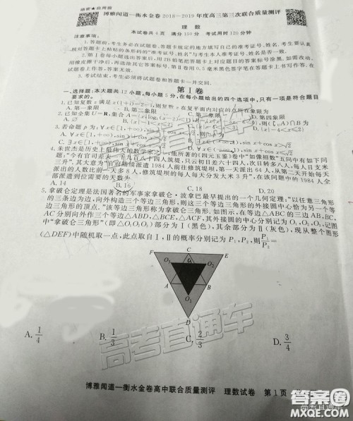 博雅闻道衡水金卷2018-2019年度高三第三次联合质量测评理数试卷及答案