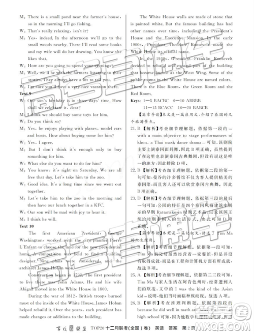 百校联盟2019届TOP20十二月联考全国Ⅰ卷英语参考答案 百校联盟2019届TOP20十二月联考全国Ⅰ卷英语参考答案