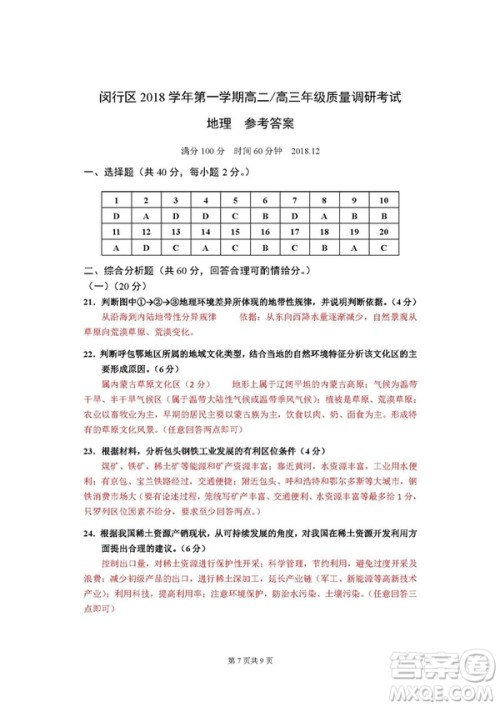 2019届上海闵行高三一模地理试卷答案 2019届上海闵行高三一模地理试卷答案