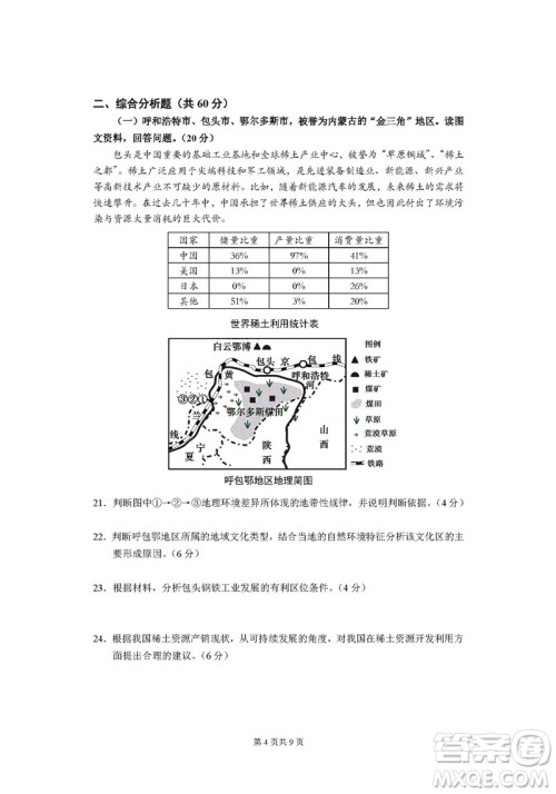 2019届上海闵行高三一模地理试卷答案 2019届上海闵行高三一模地理试卷答案