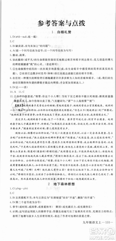 鄂教版2018优翼学练优学科思维训练语文EJ九年级语文参考答案