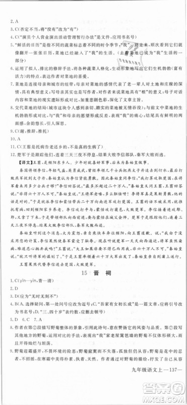 鄂教版2018优翼学练优学科思维训练语文EJ九年级语文参考答案