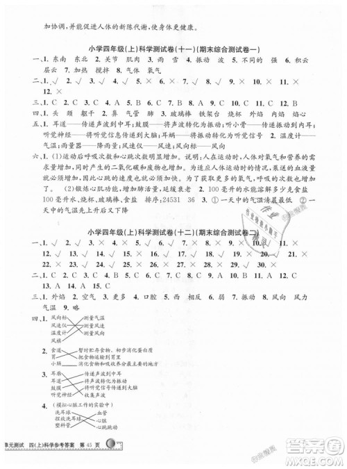 教科版9787517809203孟建平2018新版小学单元测试四年级上册J科学答案
