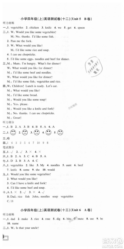 9787517809197孟建平人教版2018新版小学单元测试四年级上册英语答案
