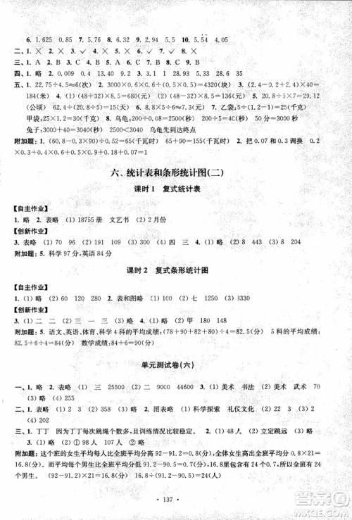 2018年秋高分拔尖课时作业小学数学五年级上册江苏版参考答案