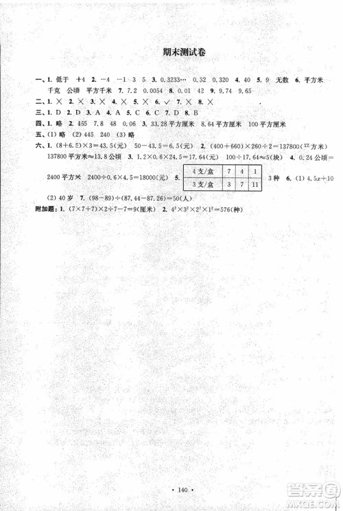 2018年秋高分拔尖课时作业小学数学五年级上册江苏版参考答案