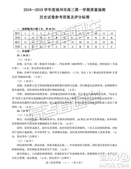 福州市2018-2019学年度高三第一学期期末质量抽测历史答案解析 福州市2018-2019学年度高三第一学期期末质量抽测历史答案解析