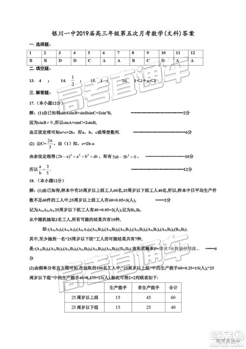 银川一中2019届第五次月考文数试题及参考答案 银川一中2019届第五次月考文数试题及参考答案