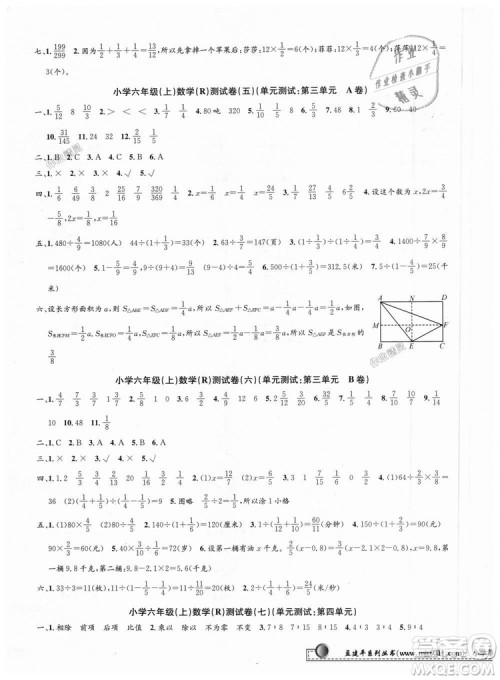 孟建平2018新版小学单元测试R版六年级上册数学人教版9787517809272答案 孟建平2018新版小学单元测试R版六年级上册数学人教版9787517809272答案