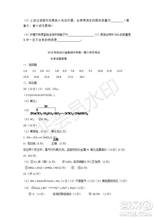 2018-2019学年四川省棠湖中学高一上学期第三次月考化学试题及答案