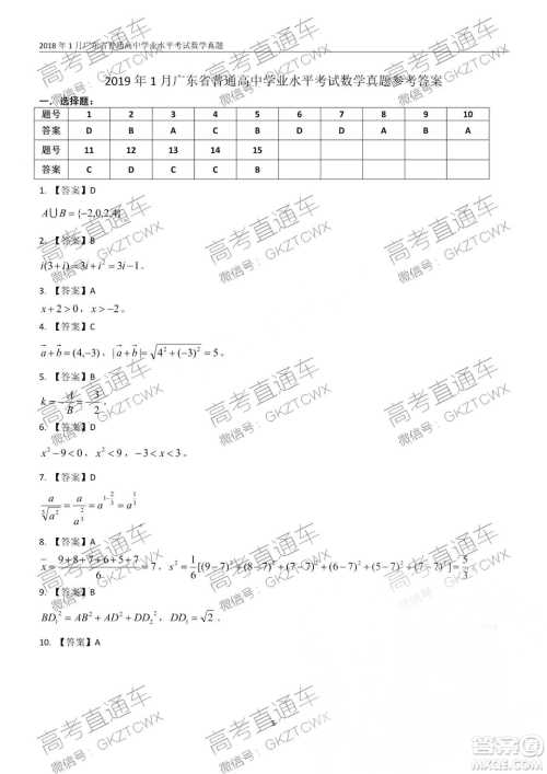 2019年1月广东高中学业水平考试数学真题及答案解析