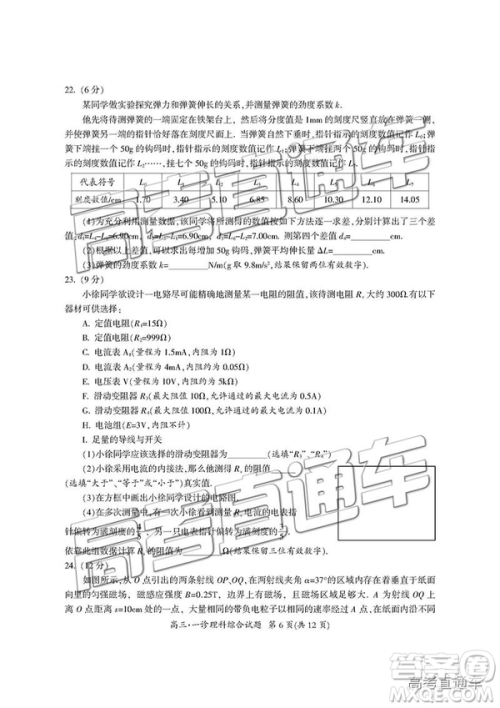 2019届广元一诊高三理综试题及参考答案 2019届广元一诊高三理综试题及参考答案