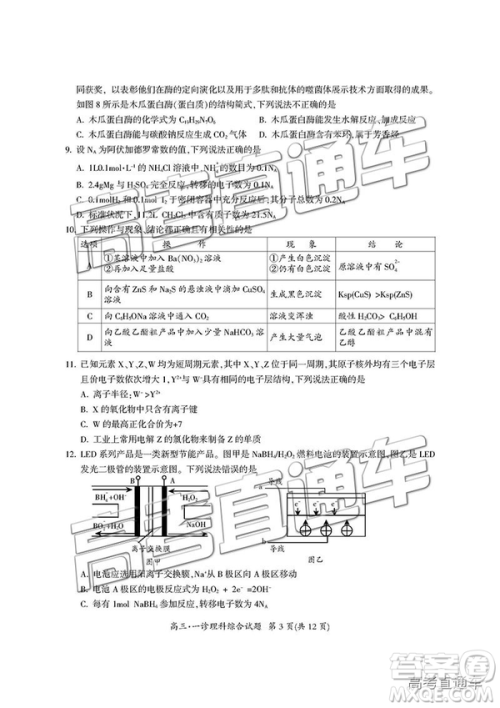 2019届广元一诊高三理综试题及参考答案