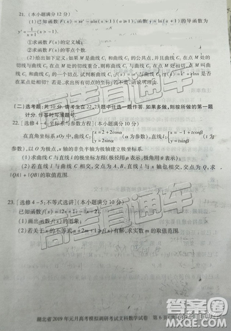 湖北省2019年元月高考模拟调研考试文数试卷及答案解析