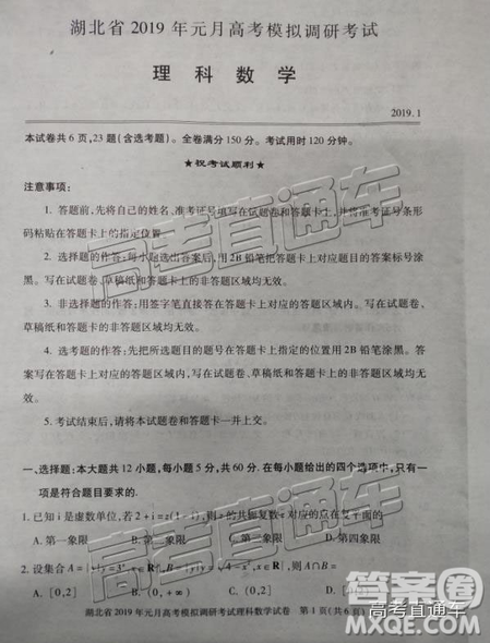 湖北省2019年元月高考模拟调研考试理数试卷及答案解析 湖北省2019年元月高考模拟调研考试理数试卷及答案解析