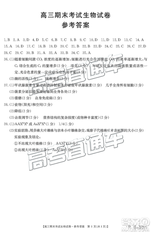 2019辽阳高三期末考试理综试卷及答案解析 2019辽阳高三期末考试理综试卷及答案解析