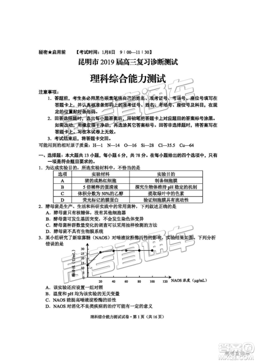 昆明市2019届高三复习诊断测试理综试卷及答案解析