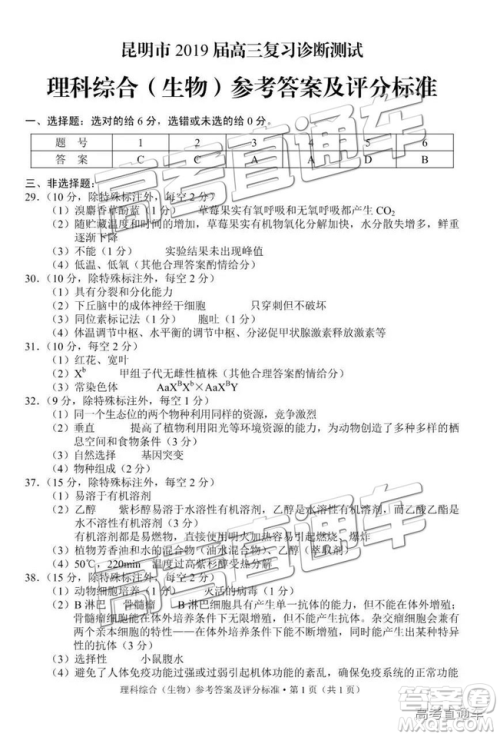 昆明市2019届高三复习诊断测试理综试卷及答案解析