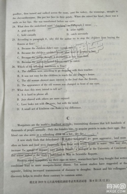 湖北省2019年元月高考模拟调研考试英语试卷及答案解析 湖北省2019年元月高考模拟调研考试英语试卷及答案解析