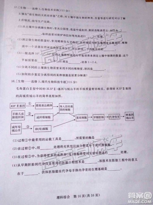 汕尾市普通高中2019年1月高三教学质量检测理综试卷及答案