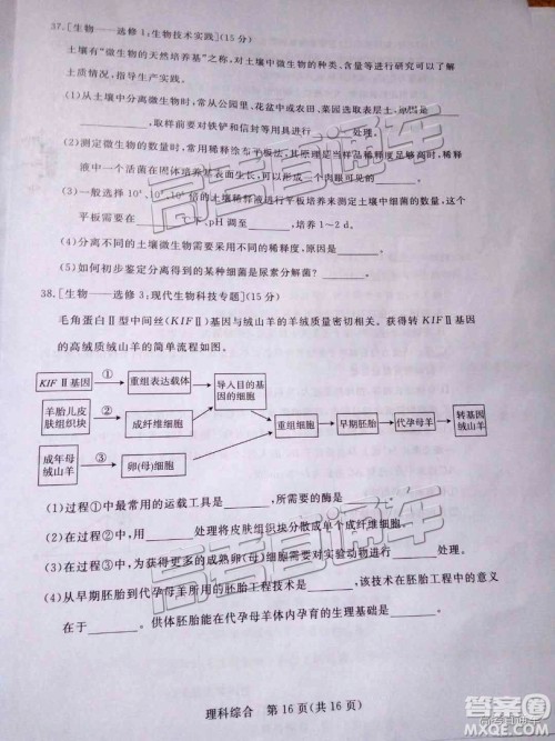汕尾市普通高中2019年1月高三教学质量检测理综试卷及答案