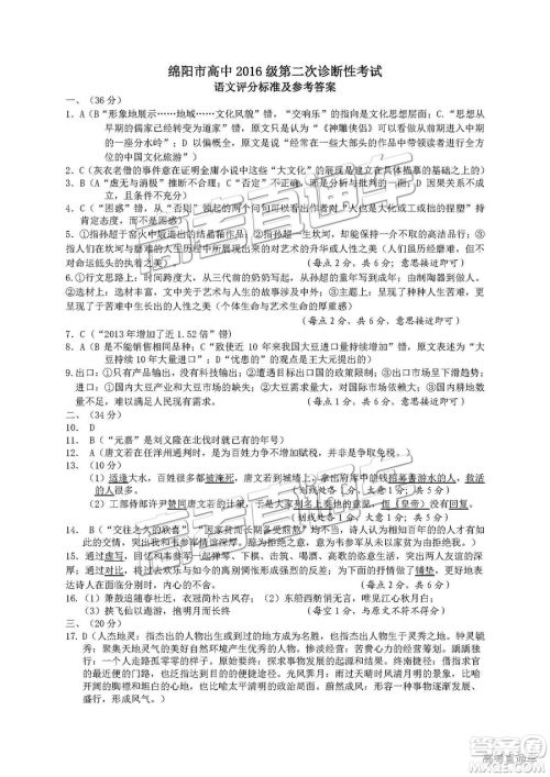 2019绵阳二诊语文试卷及答案解析 2019绵阳二诊语文试卷及答案解析