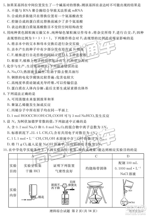 2019四川省眉山、遂宁、广安、内江四市联考理综试题及参考答案