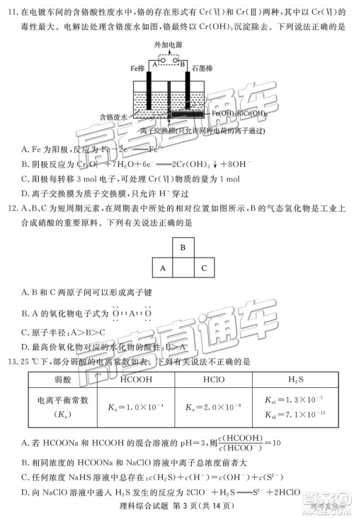 2019四川省眉山、遂宁、广安、内江四市联考理综试题及参考答案