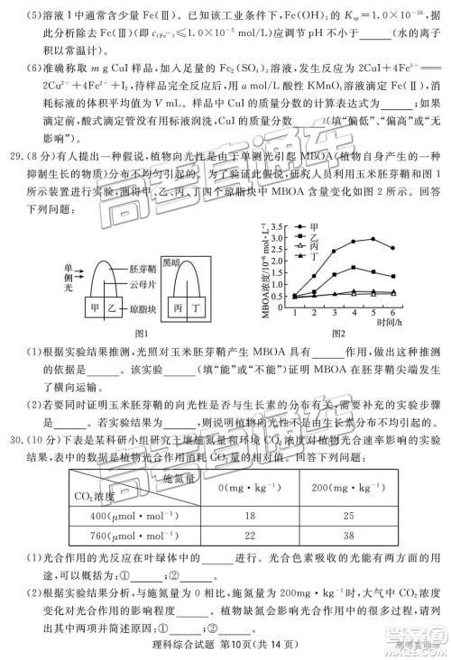 2019四川省眉山、遂宁、广安、内江四市联考理综试题及参考答案