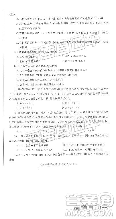 2019郑州一测理综试题及参考答案 2019郑州一测理综试题及参考答案