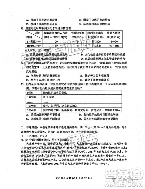 2019绵阳二诊文综试卷及答案解析 2019绵阳二诊文综试卷及答案解析