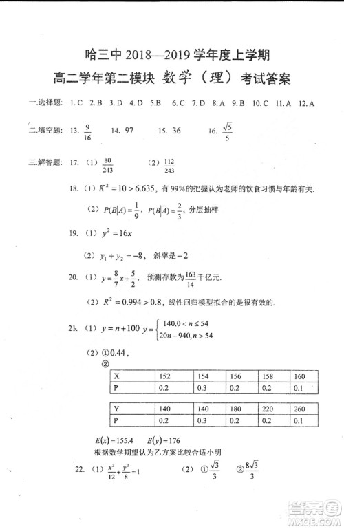 哈三中2018-2019学年度高二上期末测试理科数学试卷及答案解析 哈三中2018-2019学年度高二上期末测试理科数学试卷及答案解析
