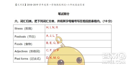 广州市天河区2018-2019学年第一学期期末测试六年级英语答案