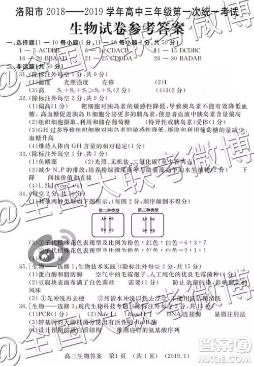 洛阳市2018-2019学年高中三年级第一次统一考试理综答案解析 洛阳市2018-2019学年高中三年级第一次统一考试理综答案解析