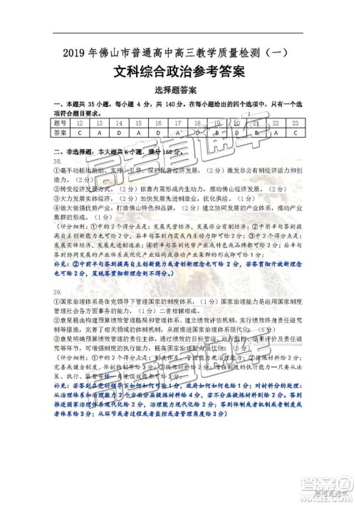 2019届高三佛山一模文综试题及参考答案