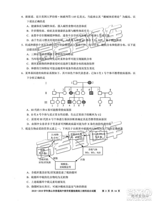 2019届高三佛山一模理综试题及参考答案 2019届高三佛山一模理综试题及参考答案