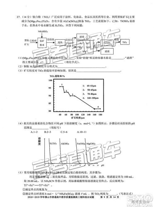 2019届高三佛山一模理综试题及参考答案 2019届高三佛山一模理综试题及参考答案