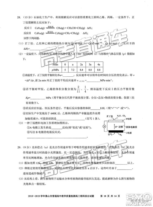 2019届高三佛山一模理综试题及参考答案