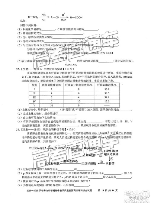 2019届高三佛山一模理综试题及参考答案