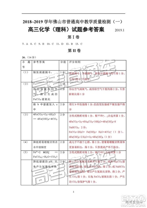 2019届高三佛山一模理综试题及参考答案