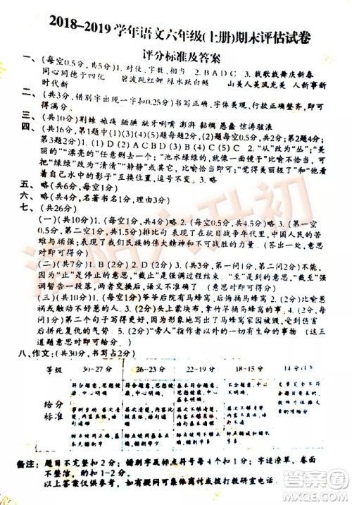 洛阳西工区2018-2019学年六年级上学期语文期末试卷答案 洛阳西工区2018-2019学年六年级上学期语文期末试卷答案