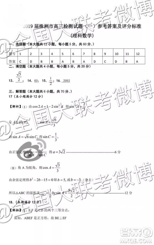 2019届高三株洲一模理数参考答案