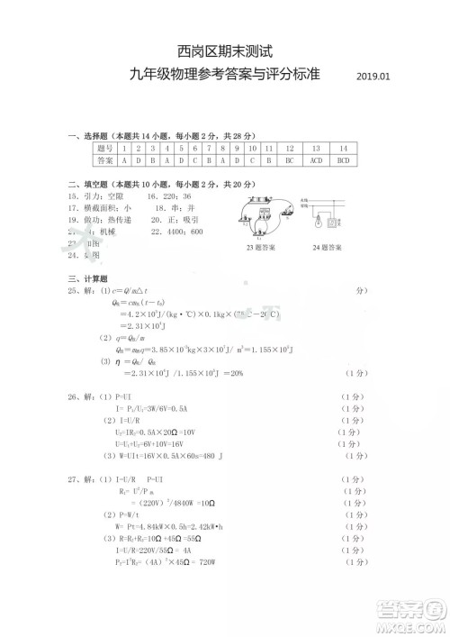 2019年大连西岗区初三上学期期末考试物理试卷答案